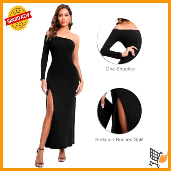 Off Shoulder Long Sleeve Maxi Dress Formal Evening Gown Side Slit - Picture 6 of 7